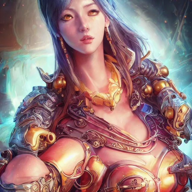 Image similar to studio portrait of lawful good colorful female holy mech paladin as absurdly beautiful, graceful, young sensual gravure idol, ultrafine hyperrealistic detailed face illustration by kim jung gi, irakli nadar, intricate linework, sharp focus, bright colors, matte, octopath traveler, final fantasy, unreal engine highly rendered, global illumination, radiant light, intricate environment