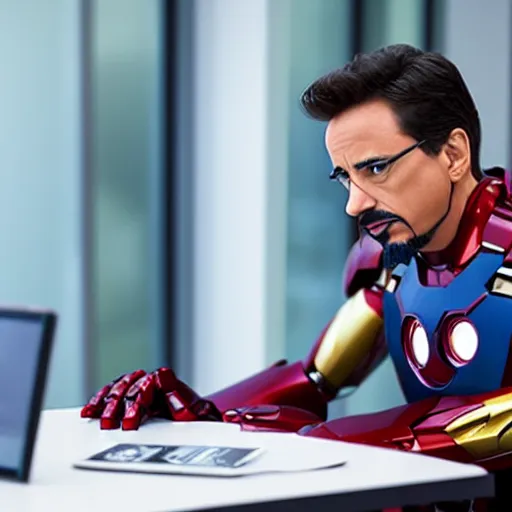 Image similar to iron man working at a corporate office