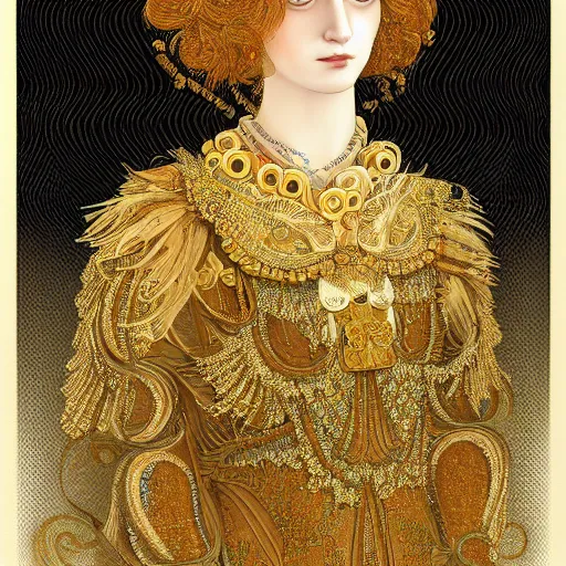 Image similar to a beautiful girl made of ivory and gold, highly intricate, digital art, very detailed, in the style of a liminal modern art nouveau flemish painting