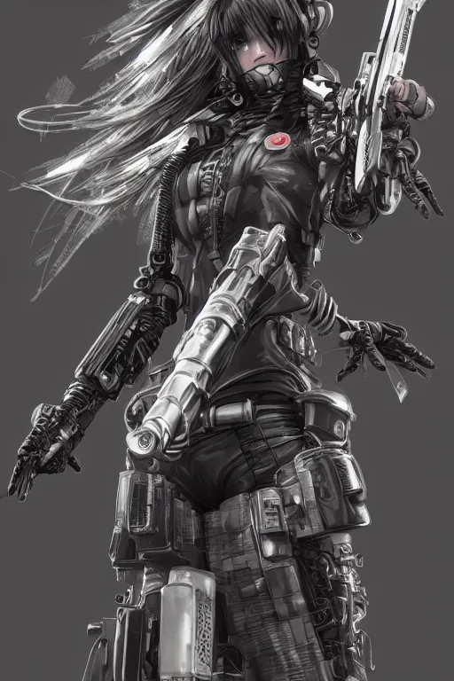 Prompt: dystopian cyberpunk weapon, 3d, sci-fi fantasy, intricate, elegant, highly detailed, lifelike, photorealistic, digital painting, artstation, concept art, sharp focus, art in the style of Shigenori Soejima