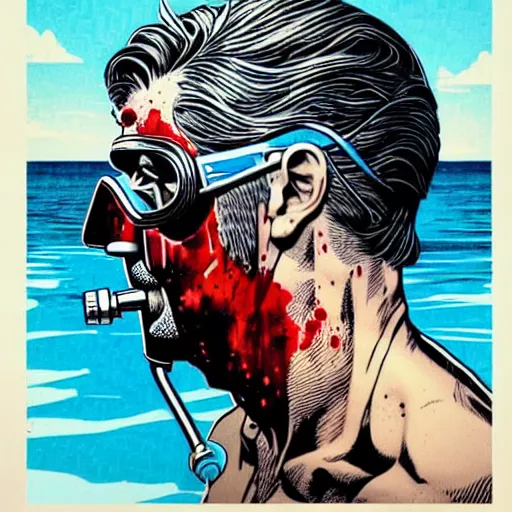 Prompt: a profile photo of an old man with a diving oxygen mask with side profile blood in ocean intricate details by MARVEL comics and Sandra Chevrier-C