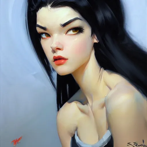 Image similar to greg manchess portrait painting of white pale girl with black hair as overwatch character, medium shot, asymmetrical, profile picture, organic painting, sunny day, matte painting, bold shapes, hard edges, street art, trending on artstation, by huang guangjian and gil elvgren and sachin teng