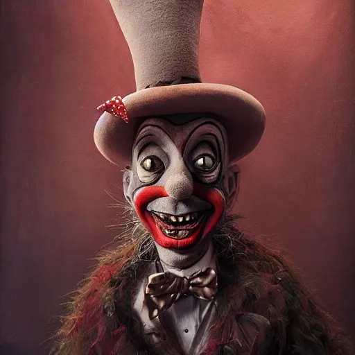 Prompt: tim burton and dr seuss and michal karcz dark surrealism painting of a clown., detailed, elegant, intricate, 4 k, renaissance painting