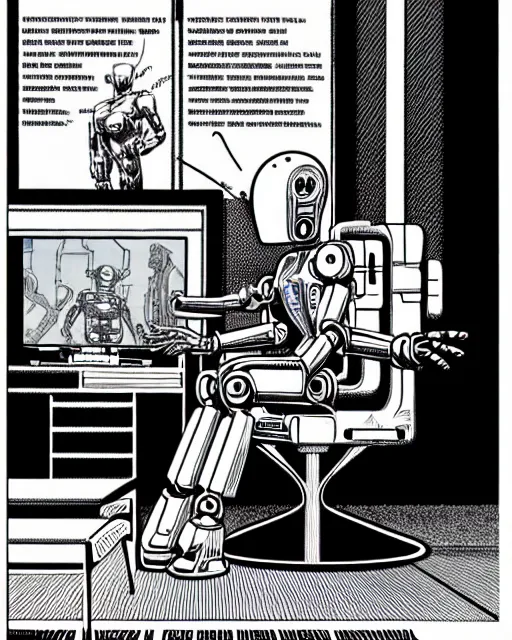 Image similar to robot wearing highly detailed hyperrealism neofuturistic cyberpunk neuralinterface is sitting on a chair, by wally wood and moebius