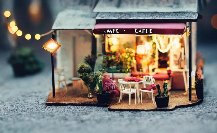 Image similar to mini cafe diorama macro photography, cafe for felted animals, ambient, atmospheric photograph, string lights, romantic