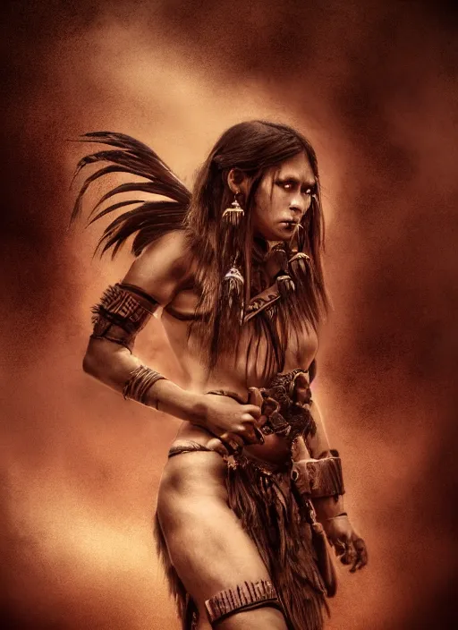 Prompt: movie frame with native tribal girl fighting , action, monster hunter, evil, dark, beautiful body, clean brutal blooded face, brutal make up, epic,dramatic lighting, cinematic, establishing shot, extremely high detail, photorealistic, brutal, provocative , cinematic lighting, artstation, octane render, dark fantasy, inspired by Boris vallejo, sepia, old photography, documentary photography, national geographic photography