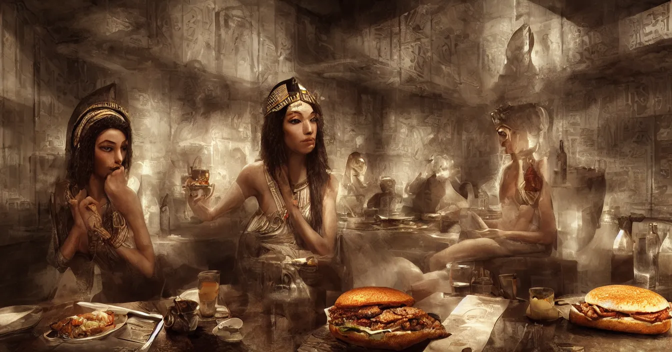 Prompt: egyptian sphinx dinner hamburger at macdonald's, photorealism, lots of detail, super sharp images, visual plasticity, shading in vray, raytracing, style of bastien lecouffe deharme