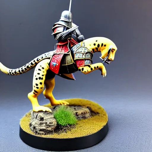 Image similar to A medieval knight riding on a giant leopard gecko, highly detailed, painted wargaming miniature