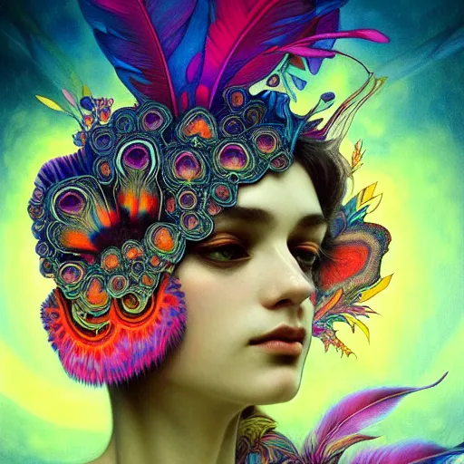 Image similar to An extremely psychedelic experience, reality bending, colorful, surreal, feathers, illuminated, magic mushrooms, psilocybin, LSD, face, detailed, intricate, elegant, highly detailed, digital painting, artstation, concept art, smooth, sharp focus, illustration, art by Krenz Cushart and Artem Demura and alphonse mucha