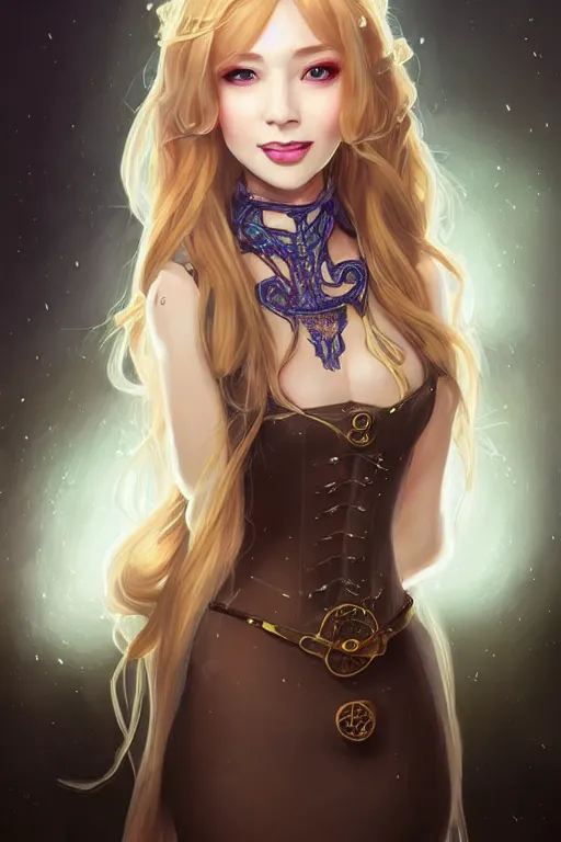 Image similar to portrait of a gorgeous young female artificer, looking at camera, D&D, choker on neck, stylish dress, mouth slightly open, cute slightly nerdy smile, very long flowing hair, intricate, elegant, stylish, fantasy, extremely detailed, digital painting, artstation, concept art, smooth, sharp focus, illustration, stunning lighting, art by artgerm and greg rutkowski and alphonse mucha and simon stalenhag