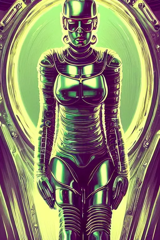 Prompt: retro-futuristic portrait of a beautiful blind female android in old chrome armour with cables and wires, laying in white liquid, ornate background, rim light, ornate pattern, glowing eyes, evil expression, high details, intricate details, renaissance painting by vincent di fate, artgerm julie bell beeple, 80s, Smooth gradients, High contrast, depth of field, very coherent symmetrical artwork