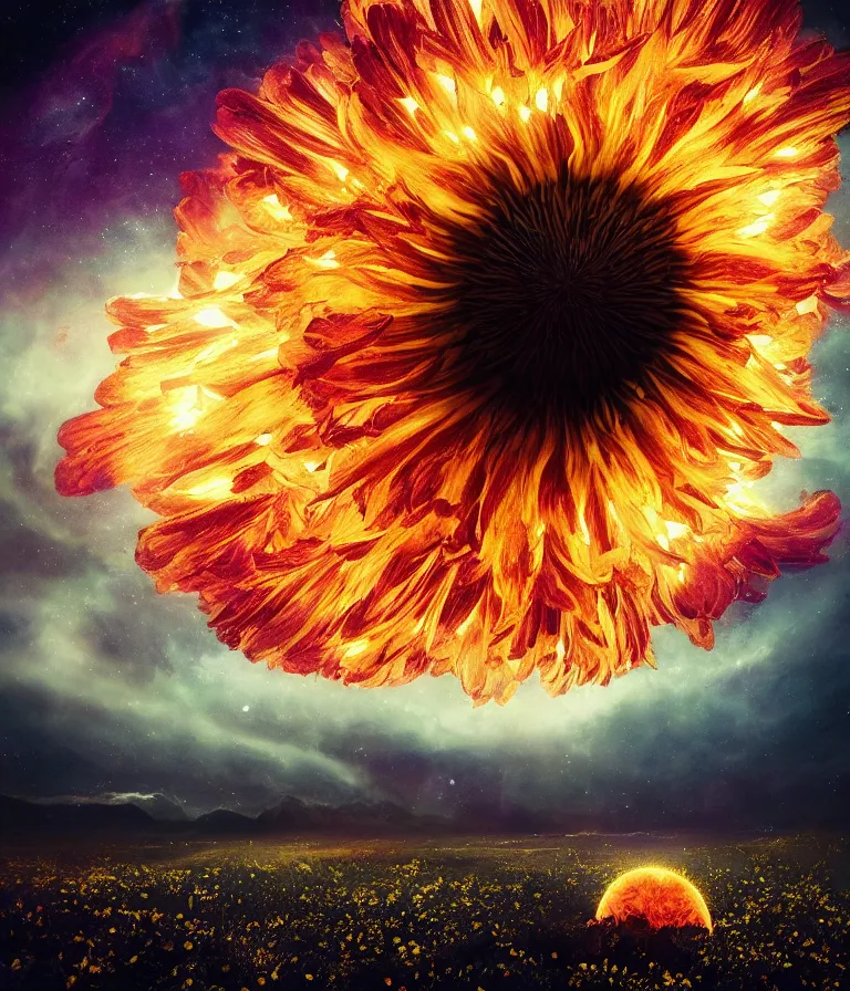 Image similar to impressive ominous cinematic fine photo of a spiraling exploding sun launching flowers across the starry night sky, lighting impressive masterpiece hyper ultra detailed intricate sharp focus 8 k realistic illustration canon eos r 3 fujifilm x - t 3 0 sony alpha, artgerm colorful!!!, trending on artstation behance cgsociety, octane render nvidia raytracing demo