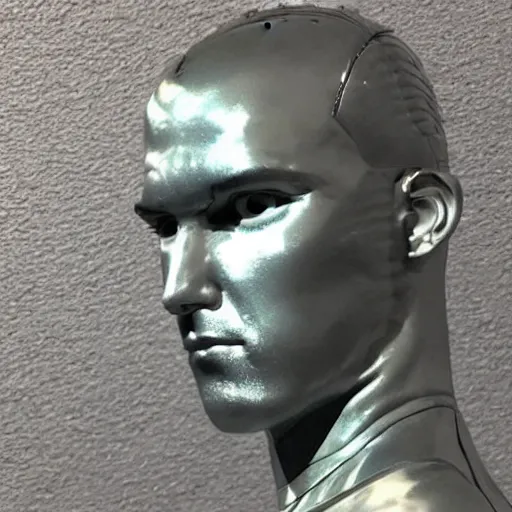 Image similar to “a realistic detailed photo of a guy who is an attractive humanoid who is half robot and half humanoid, who is a male android, baseball player Mike Trout, shiny skin, posing like a statue, blank stare, by the pool, on display”