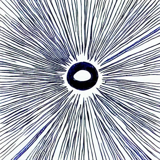 Image similar to single line drawing the sun's Corona emitting solar flares, blue ink pen