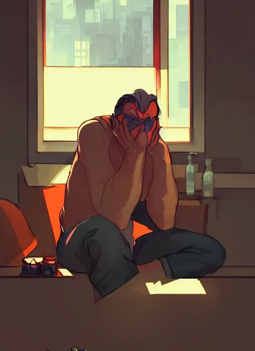 Prompt: a depressed and ugly man sitting in his apartment, bottles of alcohol next to him, in the style of artgerm, gerald brom, atey ghailan and mike mignola, vibrant colors and hard shadows and strong rim light, plain background, comic cover art, trending on artstation