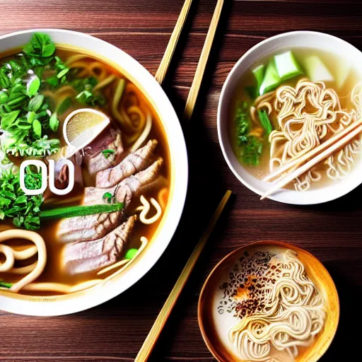 Prompt: flatlay realistic photo of delicious pho, ramen, aesthetic table cloth, highly detailed, global illumination, masterpiece, 8 k hd, award winning, artstation,