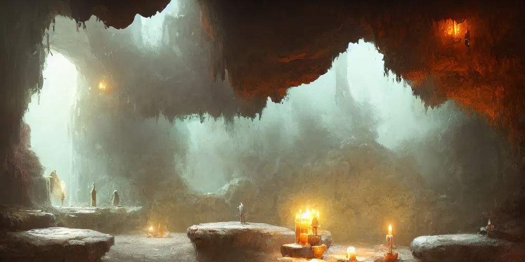 Image similar to cozy, empty bathhouse hidden in a cave, small, colorful, candlelight, towels, cushions, natural light, lush plants and flowers, elegant, smooth cave rock, fantasy, atmospheric lighting, digital painting, Greg Rutkowski, concept art