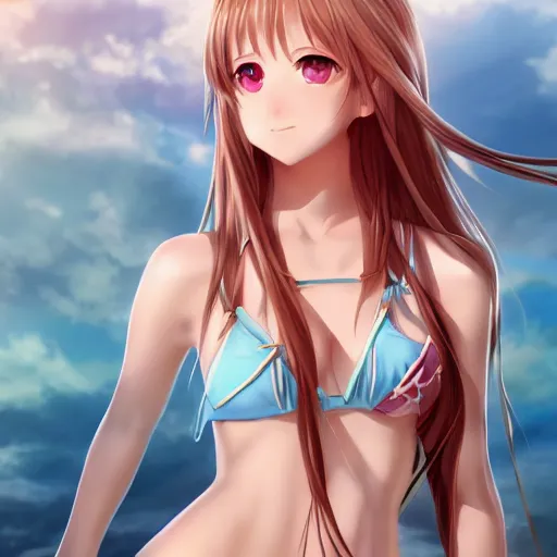 Image similar to a very beautiful young yuuki asuna, full body, long wavy blond hair, sky blue eyes, full round face,, bikini, miniskirt, front shot, highly detailed, cinematic wallpaper by stanley artgerm lau