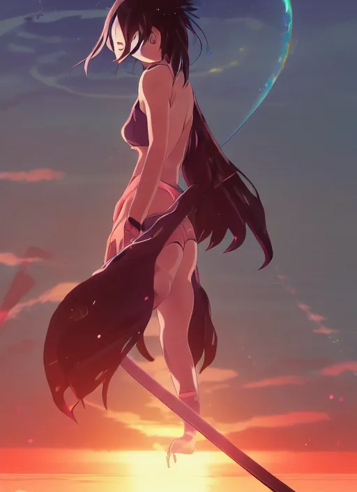 Image similar to anime girl with a katana walking on water, ripples, backdrop of dawn, saturn in the background, low angled illustration from demon slayer from genshin impact from jujutsu kaisen, concept art, anime, key visual, trending pixiv fanbox by wlop and greg rutkowski and makoto shinkai and studio ghibli