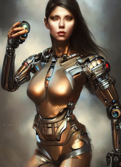 Image similar to a beautiful woman with cybernetic muscles, painted by artgerm and tom bagshaw, fantasy art, dramatic lighting, highly detailed oil painting