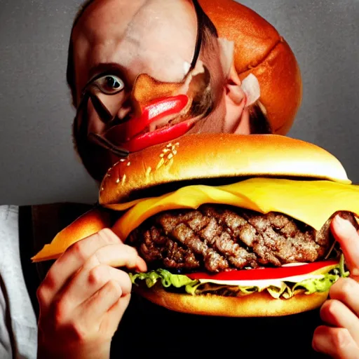 Image similar to a person eating a very very big hamburger that don't even fit in his mouth