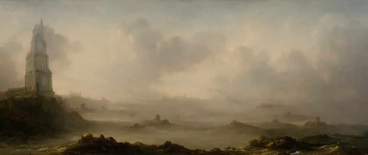 Prompt: an impossibly large tower rising from a sea of mist,evocative,neoclassic landscape painting