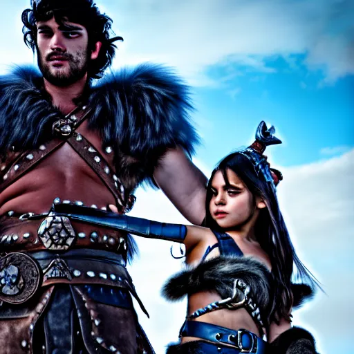 Prompt: a male DND barbarian wearing leather armor and fur holding a small blue-skinned Triton girl with black hair, high resolution film still, 4k, HDR colors