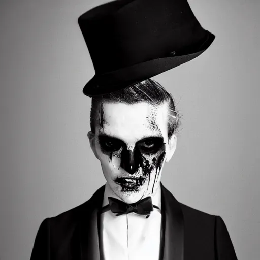 Prompt: a beautiful fashion portrait photograph of a friendly good looking zombie in a tuxedo, studio harcourt, black and white, fashion photography, paolo roversi, richard avedon, chiaroscuro, trending on artstation,