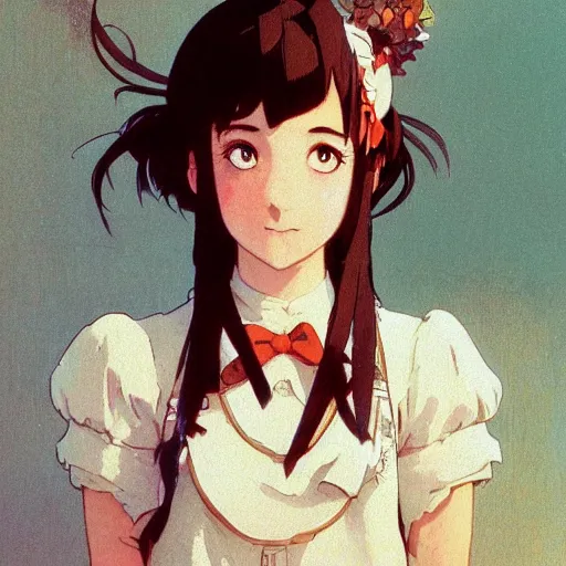 Prompt: a maid girl winking, film still, studio portrait, high quality, wlop, greg rutkowski, alphonse mucha, makoto shinkai, studio ghibli, highly detailed, 4 k