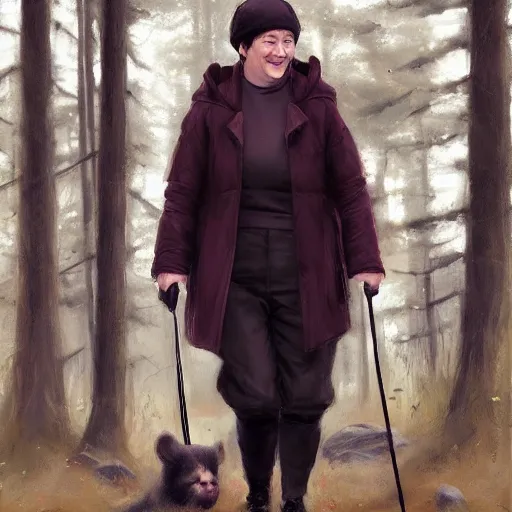 Image similar to supreme court justice elena kagan going for a walk in the woods, digital art by ruan jia and mandy jurgens and artgerm, realistic face, highly detailed, trending on artstation, award winning