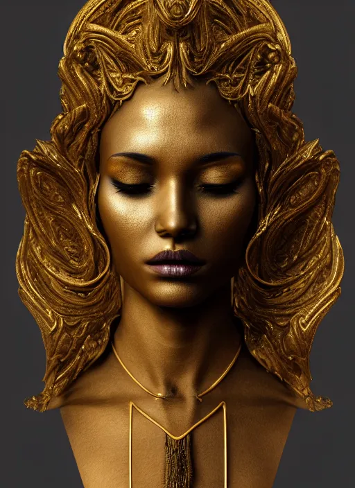 Image similar to a statue made of a gorgeous devil woman, made of black marble with gold veins, perfect symmetrical face, no eyes, hyper realistic, hyper detailed, fujicolor superia photo, by johannen voss, by peter kemp, by monia merlo, by michelangelo, octane render, blender, 8 k