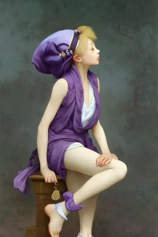 Image similar to Full View girl with short blond hair wearing an oversized purple Beret, Baggy Purple overall shorts, Short Puffy pants made of silk, silk shoes, a big billowy scarf, Golden Ribbon, and white leggings Covered in stars. Short Hair. masterpiece 4k digital illustration by Ruan Jia and Mandy Jurgens and Artgerm and william-adolphe bouguereau, award winning, Artstation, art nouveau aesthetic, Alphonse Mucha background, intricate details, realistic, panoramic view, Hyperdetailed, 8k resolution, intricate art nouveau