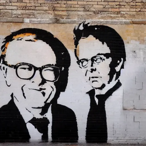 Image similar to A photograph of a Banksy painting of Warren Buffet and Paul McCartney in Venice