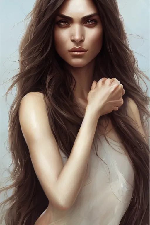 Image similar to Portrait of a Beautiful supermodel with a beautiful bone structure, long hair, olive skin, brown eyes, elegant, digital painting, highly detailed, artstation, concept art, smooth, sharp focus, illustration, art by artgerm and greg rutkowski.