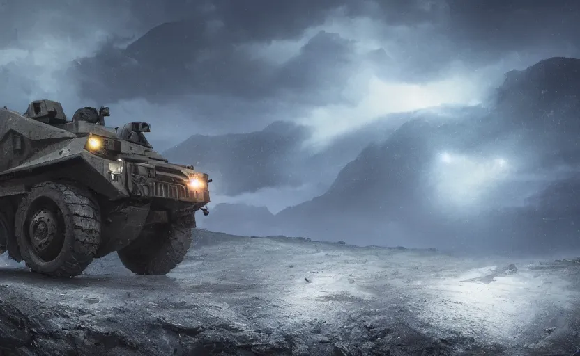 Prompt: a military vehicle in the mountain at night by Paul Chadeisson, blue headlights, dark image, stormy weather, landscape, military outpost, spotlights, atmospheric, artstation, concept art, illustration, sharp focus, high detail, octane render, intimidating