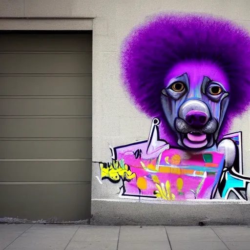 Image similar to a graffiti art of a purple dog with afro hair in the streets of los angeles, hd, 8 k, hyper realistic, hyper detailed,