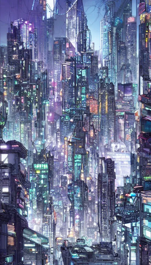 Image similar to a cyberpunk image of a futuristic cityscape of Montreal by masamune shirow