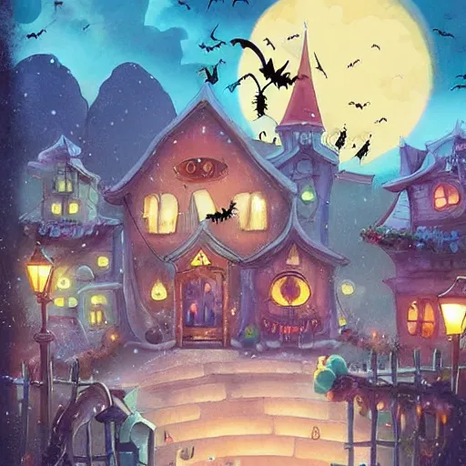 Prompt: a whimsical, fun, magical halloween festival in a cozy village : : in the style of studio ghibli : : cinematic lighting, trending on art station