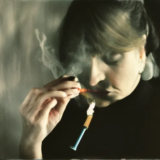 Image similar to overpainted photography portrait of a woman smoking a cigarette at a table by gerhard richter and cindy sherman, dim light, black and white