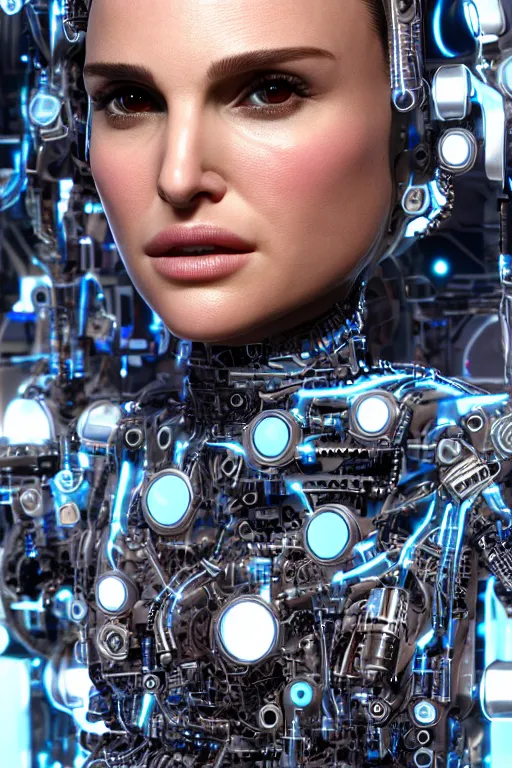 Image similar to close up headshot of Natalie Portman as a female android, intricately detailed mechanical parts, complicated circuits and wires, beautiful gazing symmetric blues eyes, unreal engine, path tracing, 8k, artstation