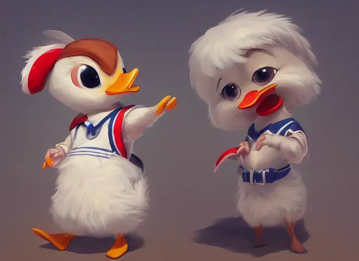 Image similar to award - winning detailed concept art of a cute iconic anthropomorphic little duck character wearing a sailor suit. art by wlop on bcy. net, realistic. detailed feathers, art by cheng yi. artstationhd, artgerm, disney pixar zootopia