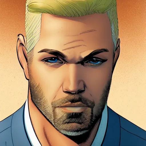 Image similar to portrait of a blonde pale police officer with short hair and a patchy beard, close up, grimy streets backdrop, detailed, art by russell dauterman and ryan ottley and patrick gleason and stefano caselli and marco checchetto esad ribic