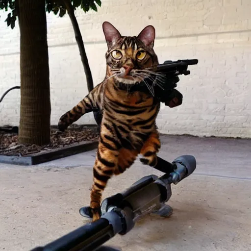 Prompt: a bengal cat in Robocop style armor chasing mice