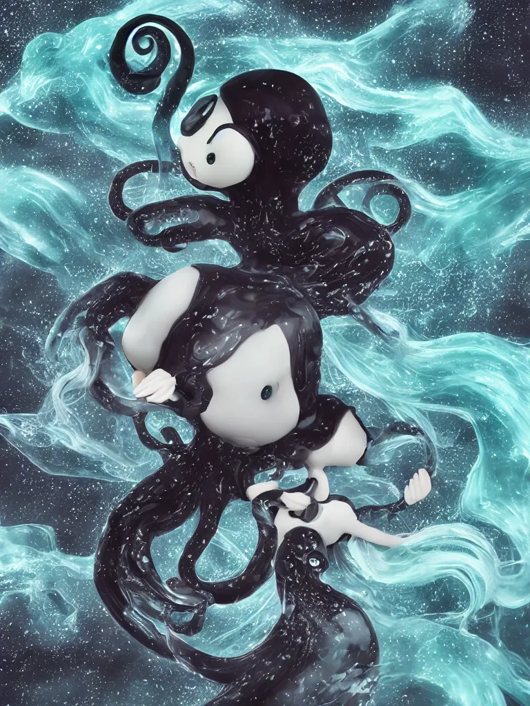 Image similar to cute fumo plush gothic translucent octopus maiden alien girl combing her hair in the waves of the wavering dark galactic abyss, ocean wave thunderstorm and reflective splashing water, black and white, ocean simulation, vignette, vray