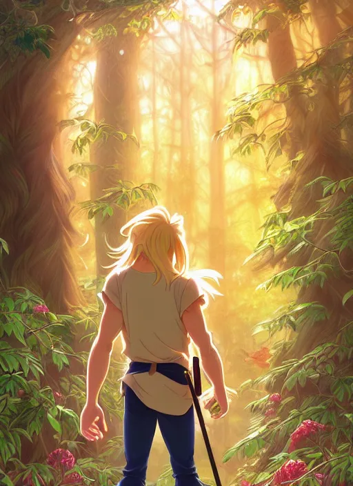 Prompt: book cover design, pretty young man with long golden blond hair, shiny and sparkling, in a forest, from behind, natural lighting, path traced, highly detailed, high quality, cartoon, digital painting, by don bluth and ross tran and studio ghibli and alphonse mucha