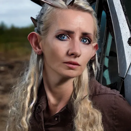 Image similar to close up headshot of a skinny female high-fantasy elf with a long face narrow chin and spiky blonde hair wearing dark brown overalls and holding a bomb next to a destroyed car, gel spiked blond hair, small ears, narrow lips, high resolution film still, HDR color