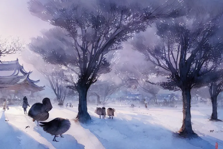 Image similar to a big mean goose, chinese village, trees, school, snow and winter watercolor, artastation ， soft lighting. by wenjun lin, tony sandoval