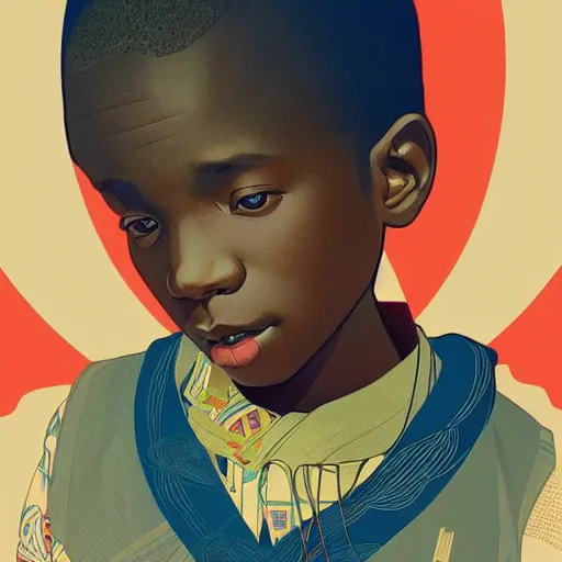 Image similar to colourful upper half portrait of an african boy - in japanese retro poster design illustration style, art by hsiao - ron cheng & alphonse mucha, highly detailed, digital painting, illustration, smooth, sharp focus, intricate, symmetry, pinterest, behance,