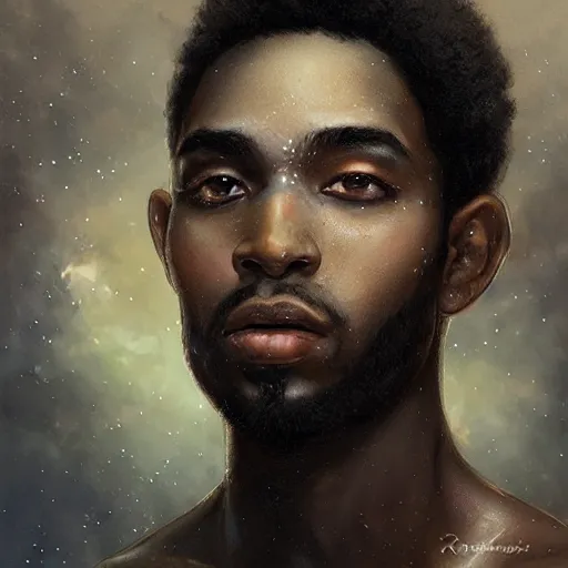 Image similar to a light skinned black man, short hair, photographer, using a macbook, happy, creative, fantasy digital painting, stunning intricate details, artwork by ross tran and greg rutkowski