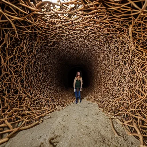 Prompt: interior of a huge ant nest tunnel where some humans are living. the humans are wearing realistic ant costumes